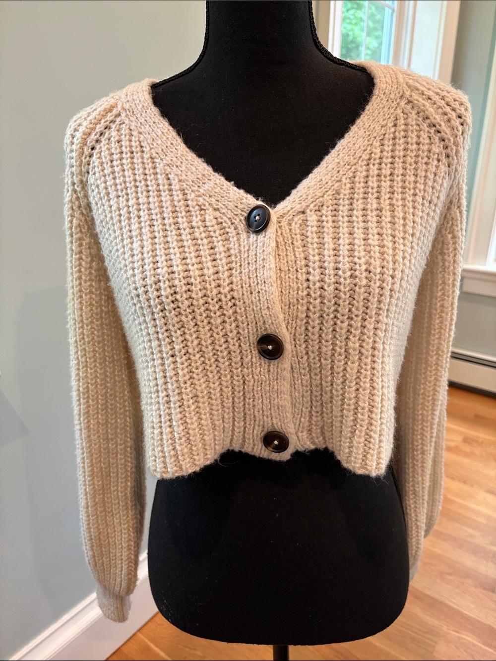 Girls Cream, Cropped, Chunky Knit Button-Front Sweater, size large